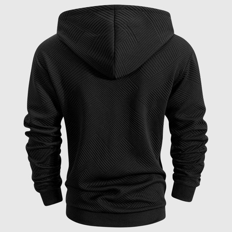 Arosa Textured Quarter-Zip Hoodie — back view in Midnight Black