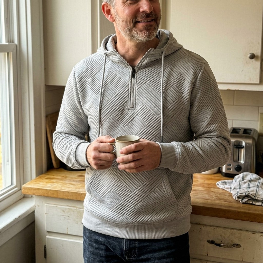 Man in the Arosa Textured Quarter-Zip Hoodie in Heather Gray holding a coffee mug in his kitchen, the raised geometric knit visible across the chest and sleeves
