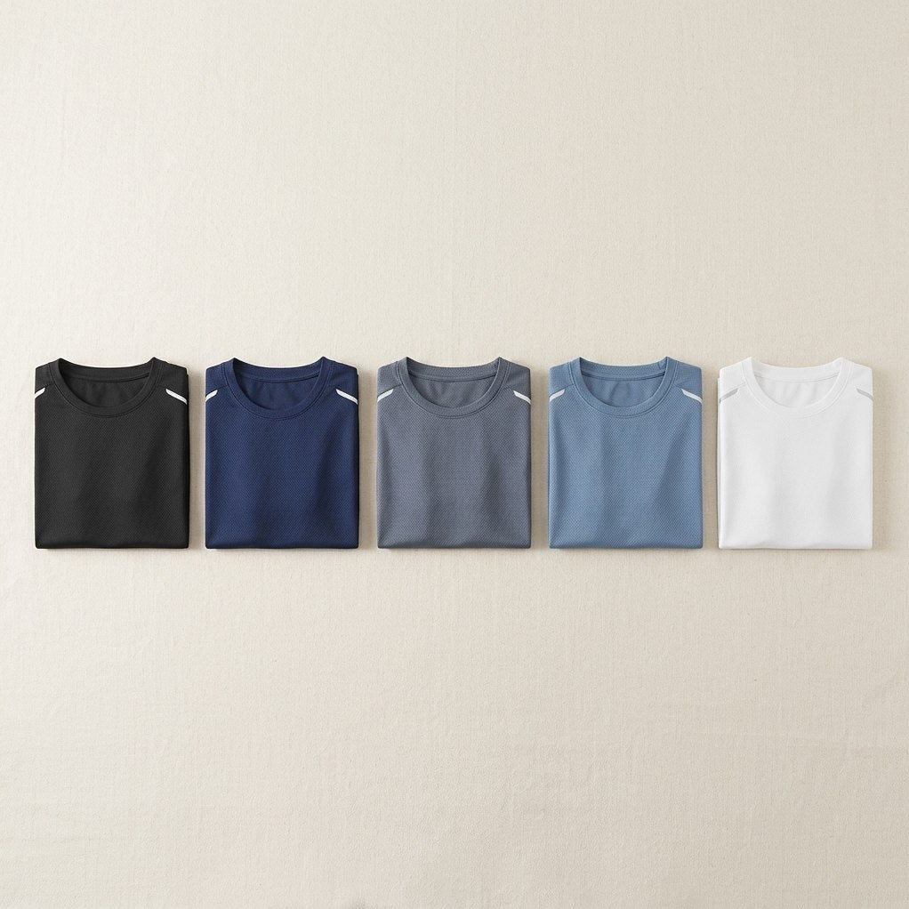 Davos Active Tee folded in all five colors: Espresso Black, Midnight Navy, Slate Gray, Steel Blue and Chalk White