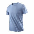 Davos Active Tee in Steel Blue on an invisible mannequin, three-quarter view showing the sleeve print and the hem