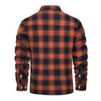 Derrick Sherpa-Lined Plaid Shirt Jacket — back view in Orange