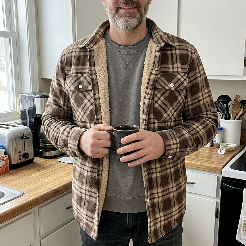 Man in the Derrick Sherpa-Lined Plaid Shirt Jacket in Khaki holding a coffee mug in his kitchen, relaxed fit over a gray tee