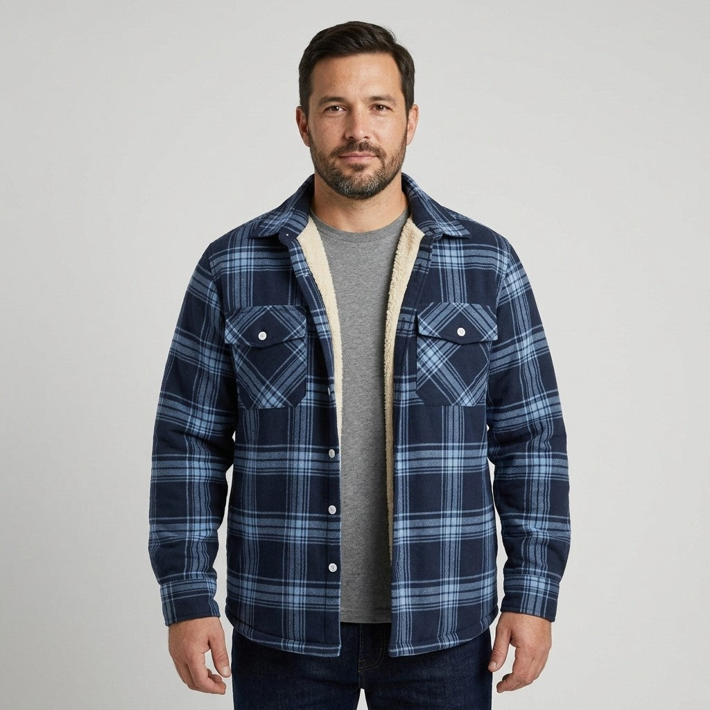 Derrick Sherpa-Lined Plaid Shirt Jacket in Navy Blue worn open, showing the cream sherpa lining along the front