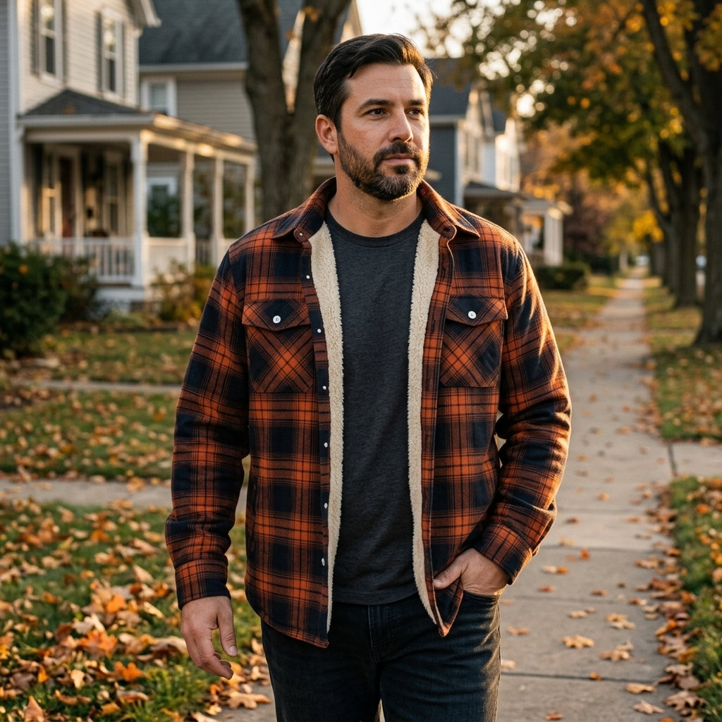 Man wearing the Derrick Sherpa-Lined Plaid Shirt Jacket in Orange on an autumn street, sherpa lining visible at the open front