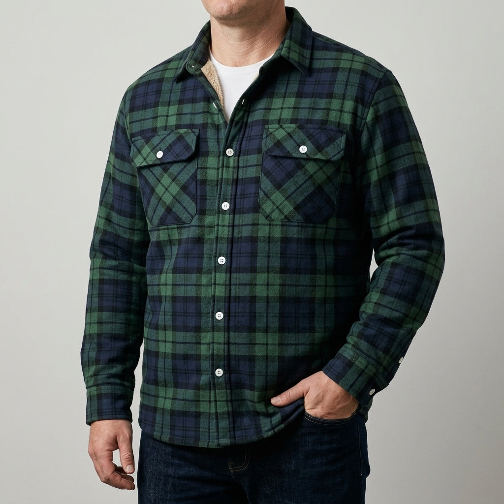 Derrick Sherpa-Lined Plaid Shirt Jacket in Green worn buttoned over a white tee