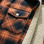 Close-up of the Derrick plaid chest pocket with button flap and the curly sherpa lining