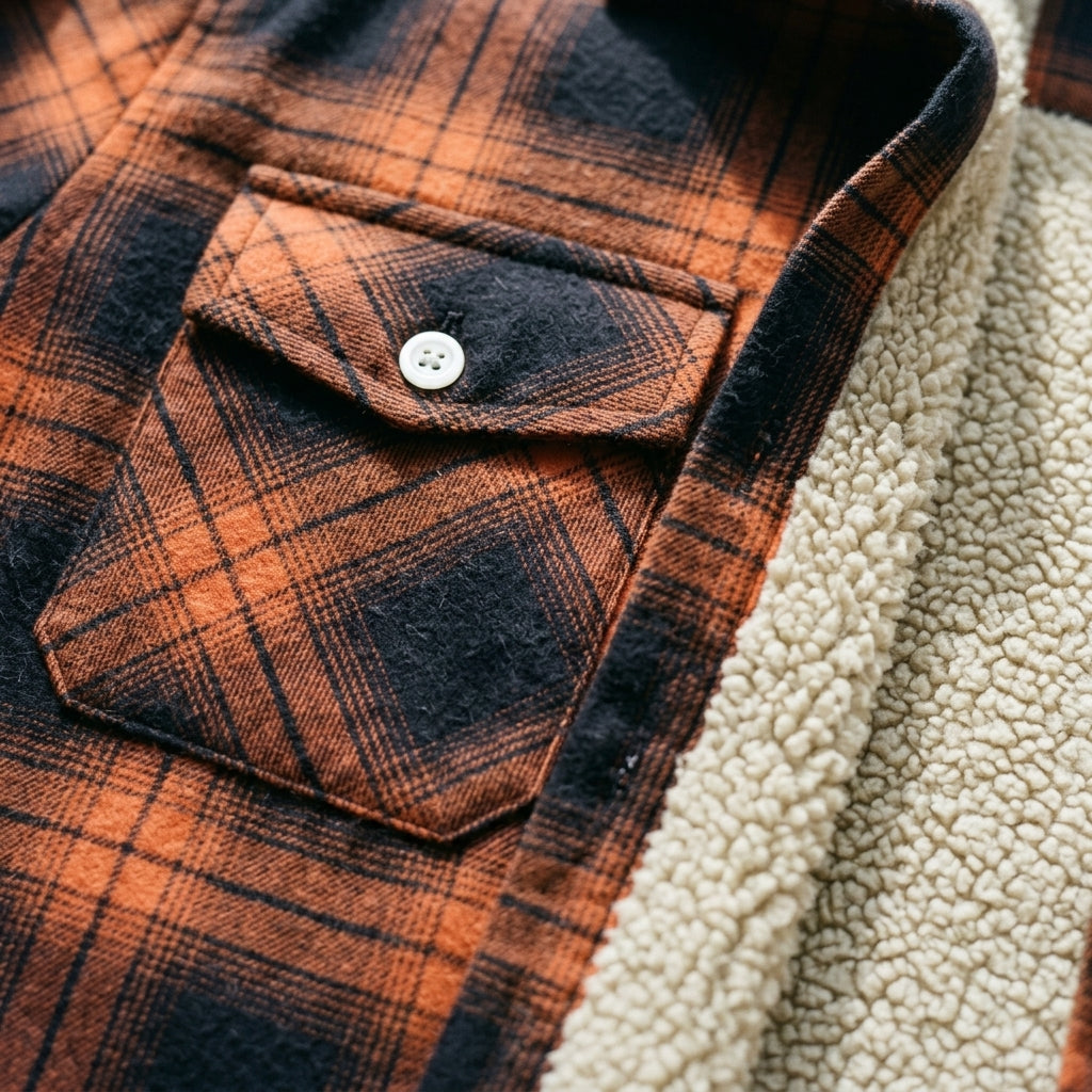 Close-up of the Derrick plaid chest pocket with button flap and the curly sherpa lining