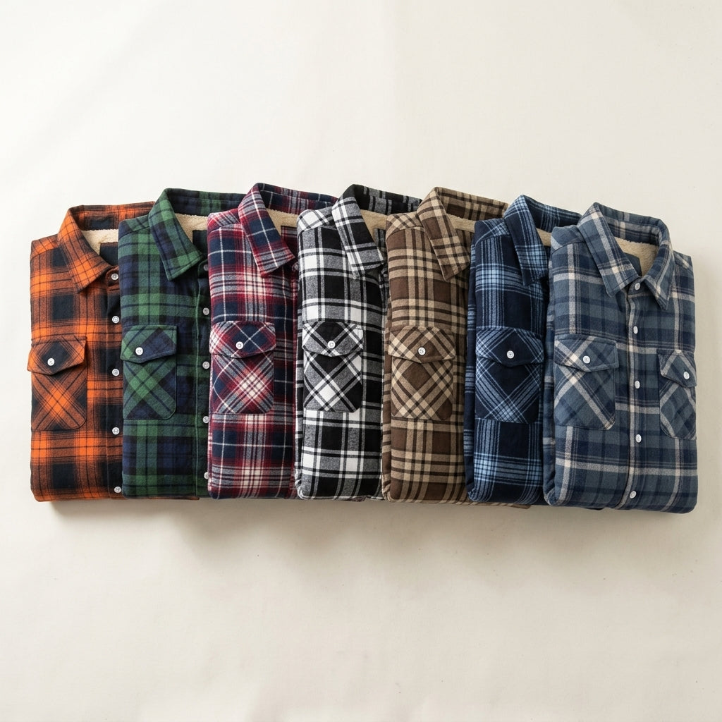 The Derrick Sherpa-Lined Plaid Shirt Jacket folded in all seven plaids