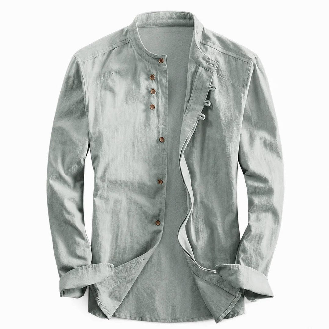Kyoto — Men's Relaxed Band Collar Shirt – close-up
