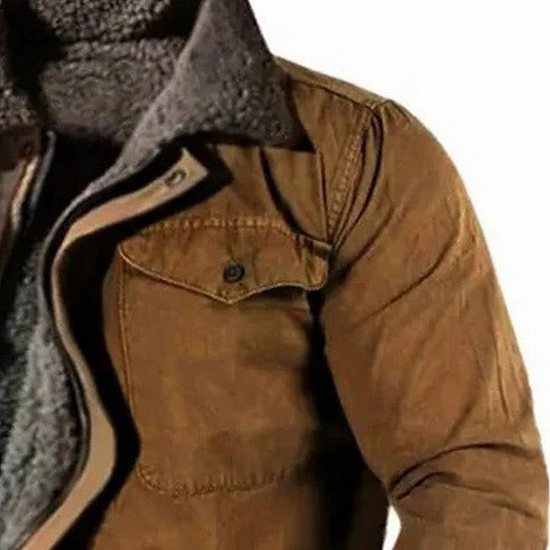 Logan Sherpa-Lined Jacket — sherpa collar and chest flap pocket detail in Rust Brown