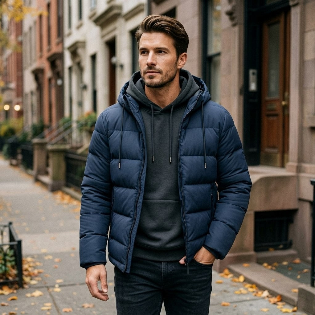 Simon Hooded Puffer Jacket in Navy Blue, worn walking down a city street in autumn