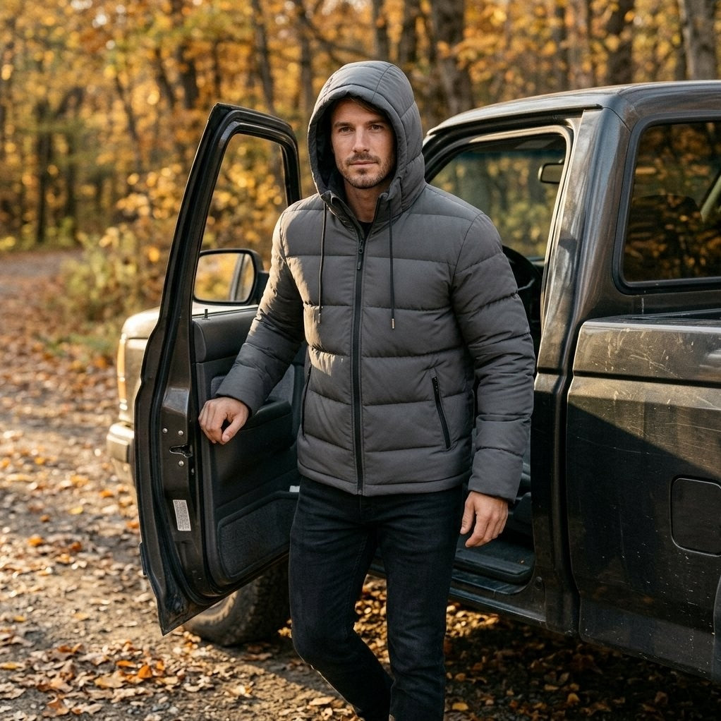 Simon Hooded Puffer Jacket in Gray, worn with the hood up stepping out of a pickup truck