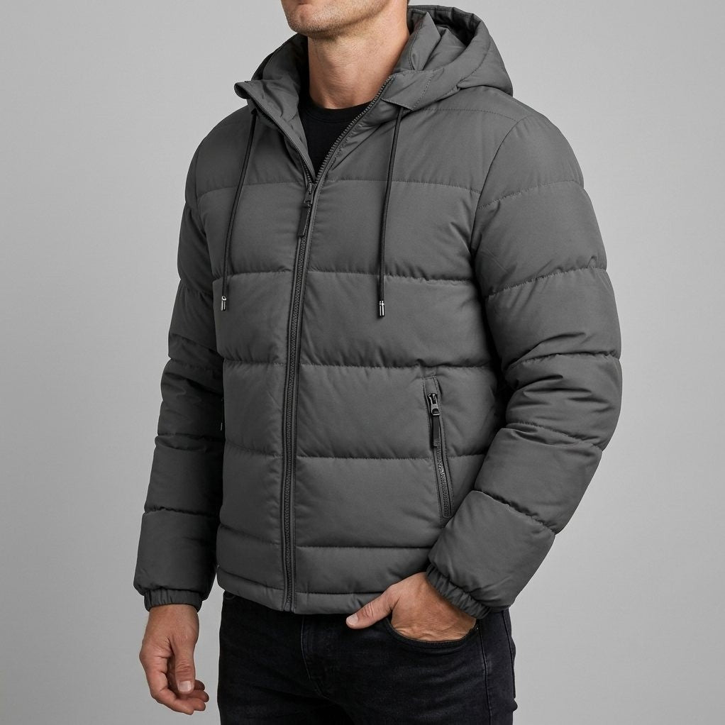 Simon Hooded Puffer Jacket in Gray, worn zipped — quilted baffles and zippered hand pocket