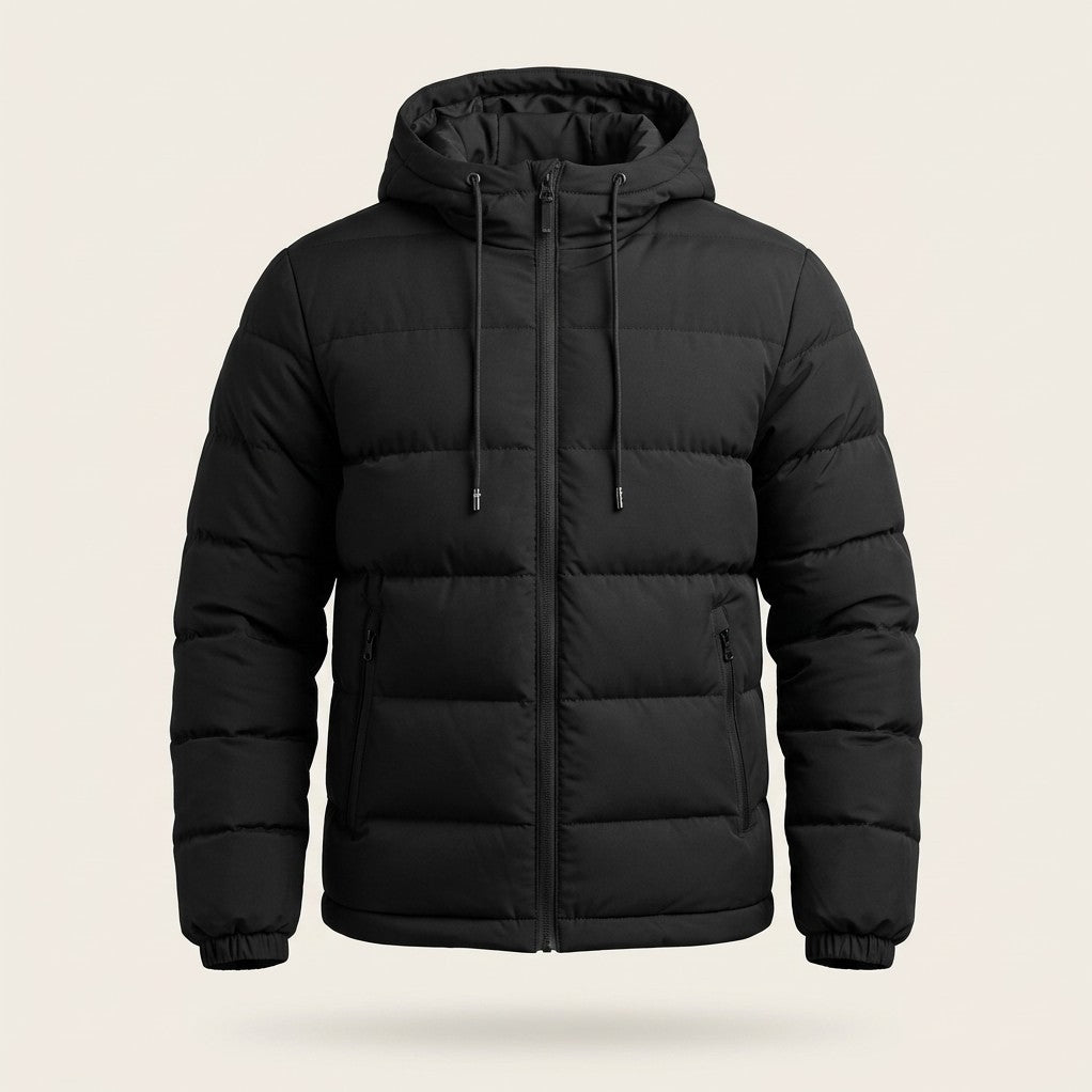 Simon Hooded Puffer Jacket in Black — front view with drawstring hood and full-length zip