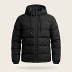 Simon Hooded Puffer Jacket in Black — front view with drawstring hood and full-length zip