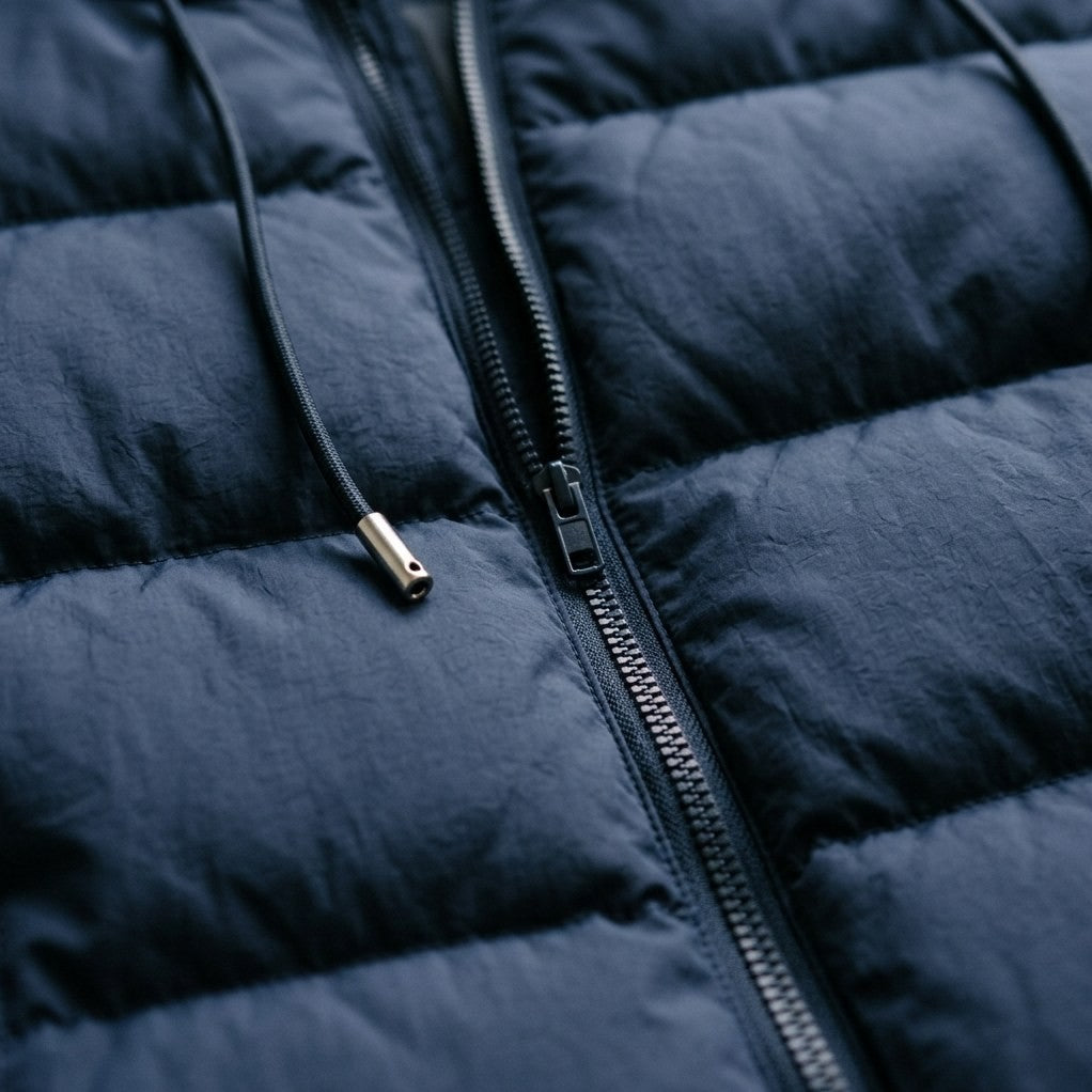 Close-up of the quilted baffles, zip and metal-tipped drawstring in Navy Blue